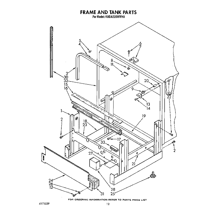 FRAME AND TANK Diagram and Parts List for KUDA22SWWH0  KitchenAid Dishwasher