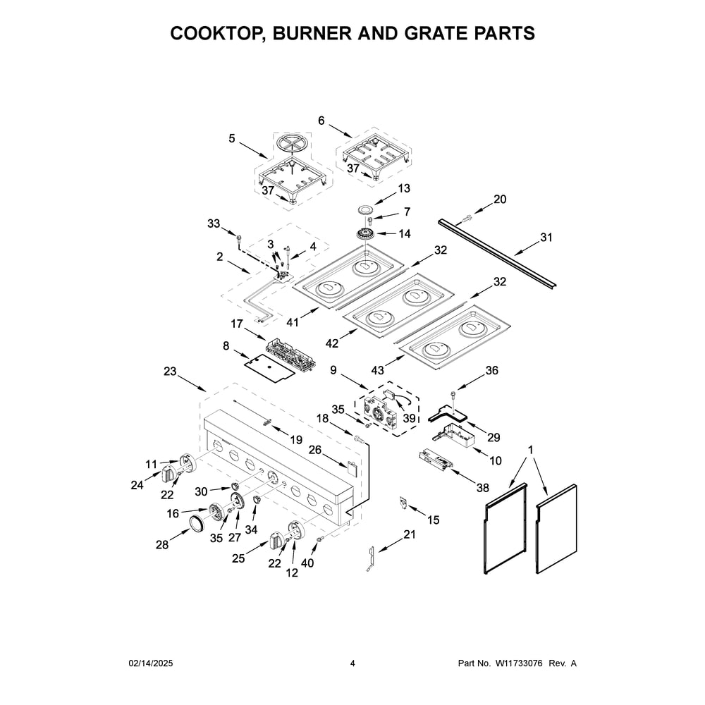 Cooktop, Burner And Grate Parts Diagram and Parts List for KFDC506JMB03  KitchenAid Range