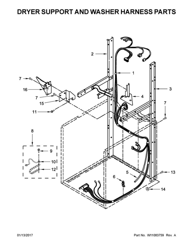 Dryer Support And Washer Harness Parts Diagram and Parts List for WGT4027EW1  Whirlpool Washer Dryer Combo
