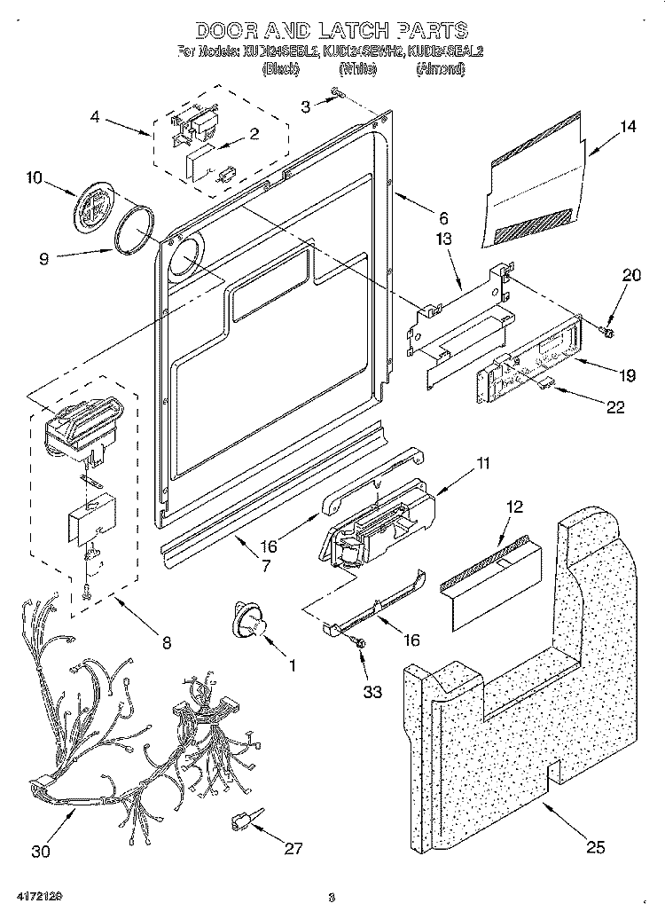 DOOR AND LATCH Diagram and Parts List for KUDI24SEAL2  KitchenAid Dishwasher