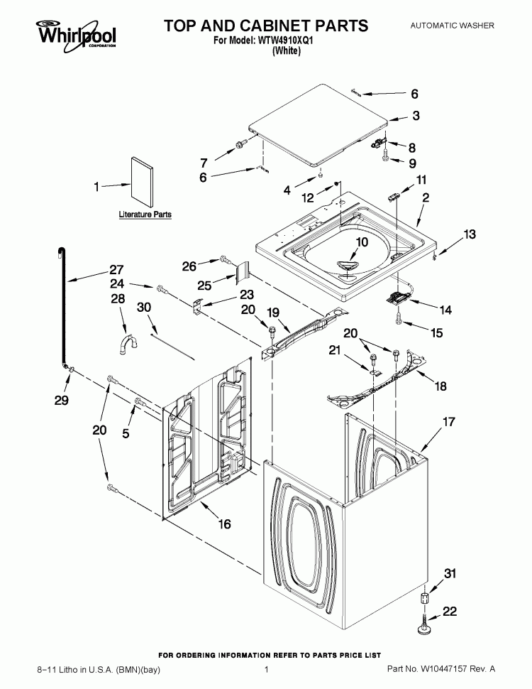 TOP AND CABINET PARTS Diagram and Parts List for WTW4910XQ1  Whirlpool Washer