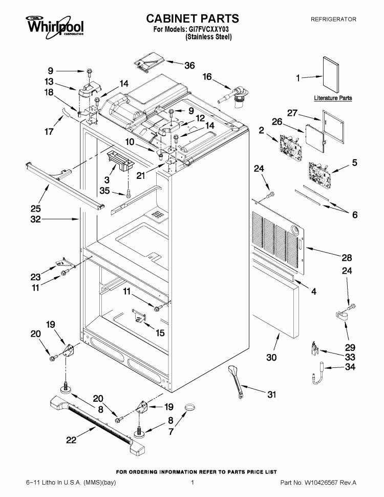 CABINET PARTS Diagram and Parts List for GI7FVCXXY03  Whirlpool Refrigerator