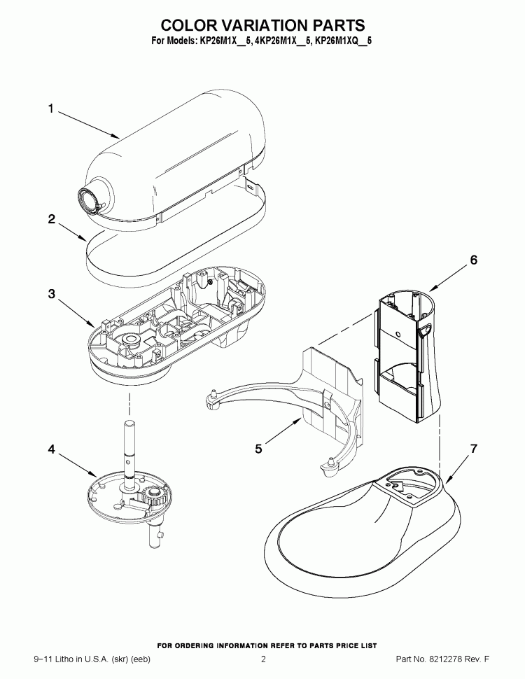 COLOR VARIATION PARTS Diagram and Parts List for KP26M1XQBF5  KitchenAid Mixer