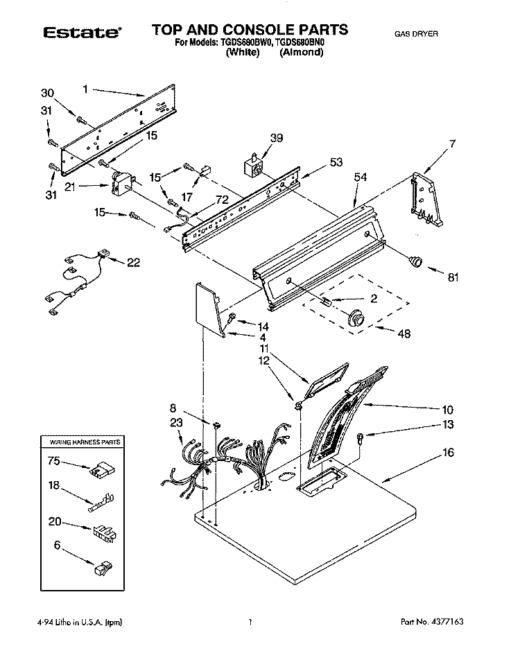 TOP AND CONSOLE, LIT/OPTIONAL Diagram and Parts List for TGDS680BW0  Estate Dryer