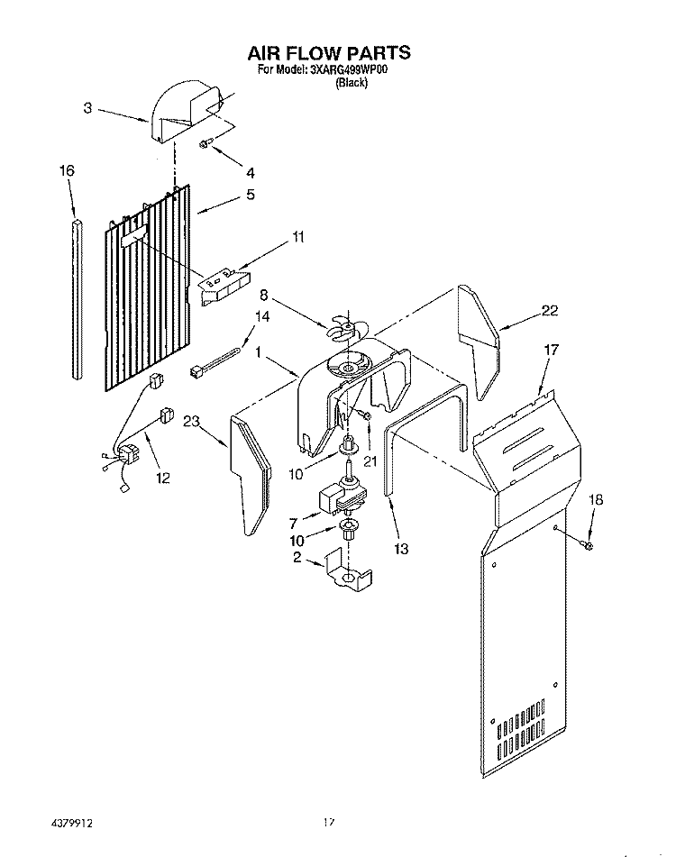 AIR FLOW Diagram and Parts List for 3XARG499WP00  Whirlpool Refrigerator