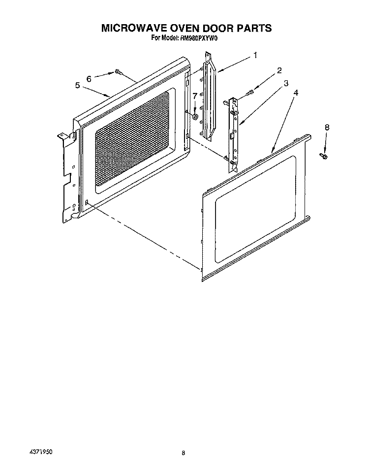 MICROWAVE OVEN DOOR Diagram and Parts List for RM980PXYN0  Whirlpool Microwave Oven Combo