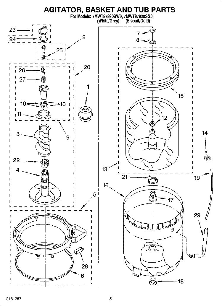AGITATOR, BASKET AND TUB PARTS Diagram and Parts List for 7MWT97920SW0  Whirlpool Washer