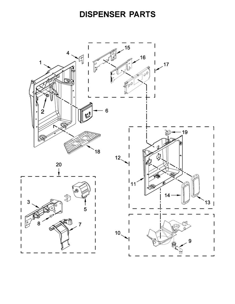 Dispenser Parts Diagram and Parts List for KBSD606ESS01  KitchenAid Refrigerator