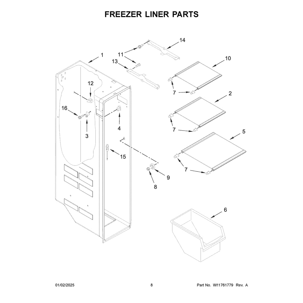 Freezer Liner Parts Diagram and Parts List for WRS325SDHB11  Whirlpool Refrigerator