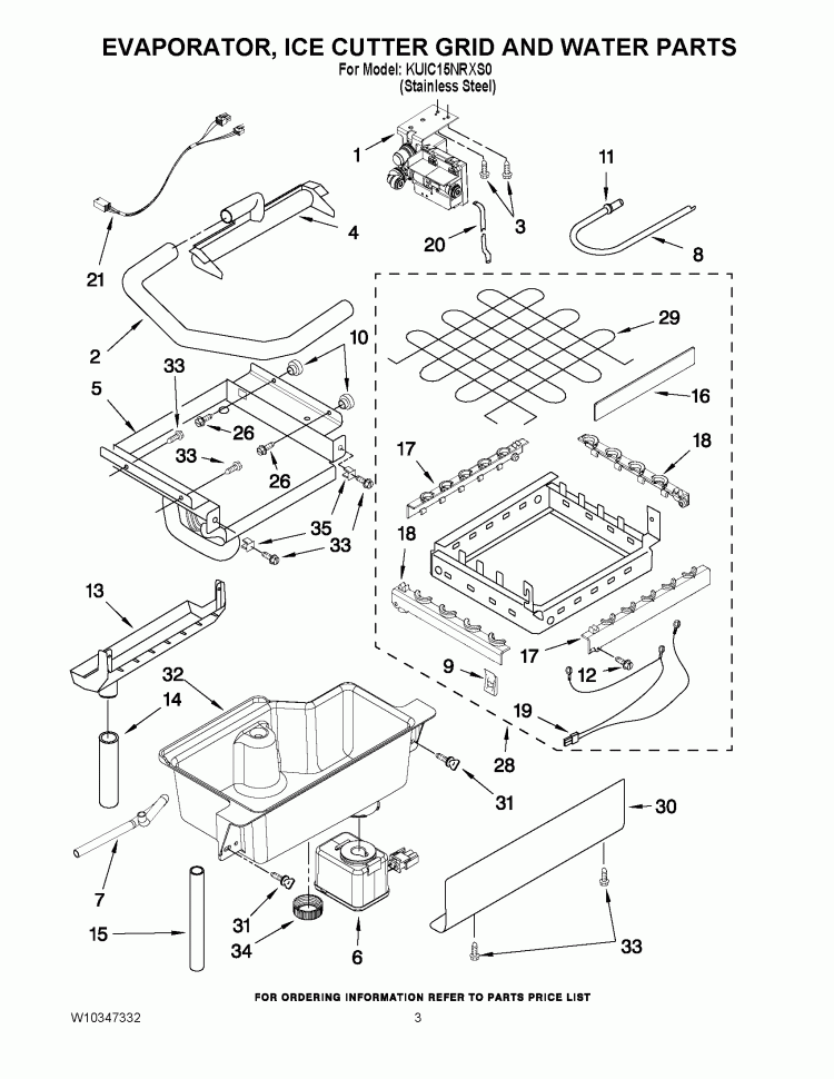 EVAPORATOR, ICE CUTTER GRID AND WATER PARTS Diagram and Parts List for KUIC15NRXS0  KitchenAid Ice Maker