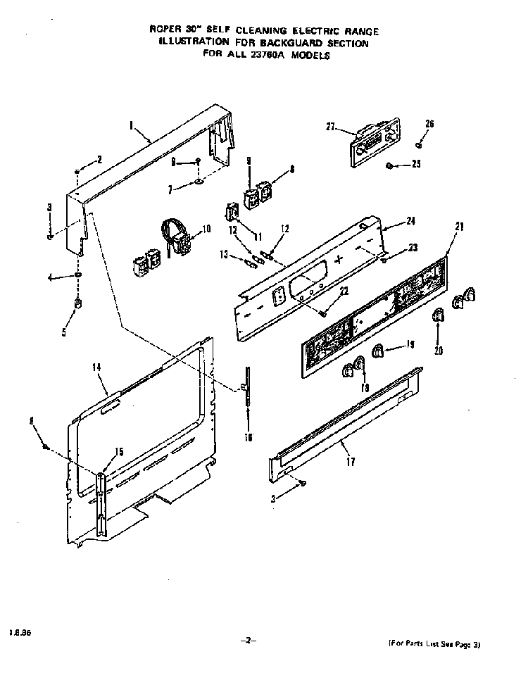 Backguard Diagram and Parts List for 2376*0A  Roper Range