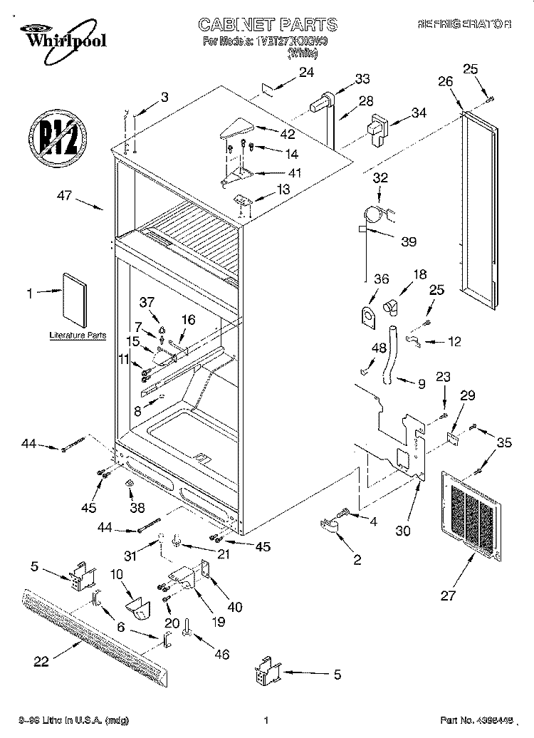 CABINET, LITERATURE Diagram and Parts List for 1VET27DKXGW0  Whirlpool Refrigerator