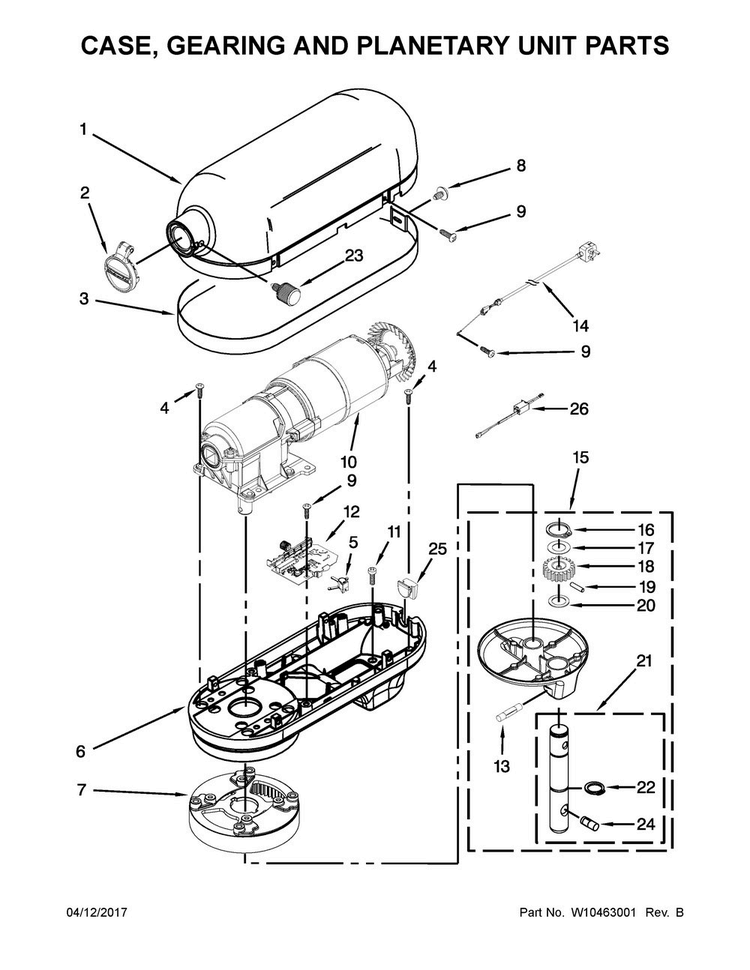 Case, Gearing And Planetary Unit Parts Diagram and Parts List for 5KSM7591XRWH0  KitchenAid Mixer