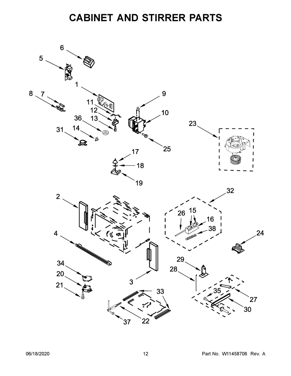 Cabinet And Stirrer Parts Diagram and Parts List for WOC54EC0HB04  Whirlpool Microwave