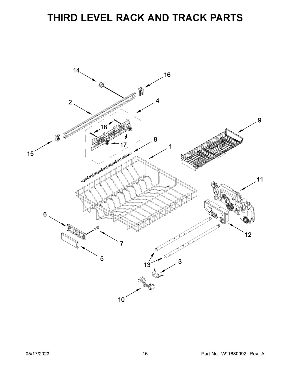 Third Level Rack And Track Parts Diagram and Parts List for KDTM404KBS2  KitchenAid Dishwasher