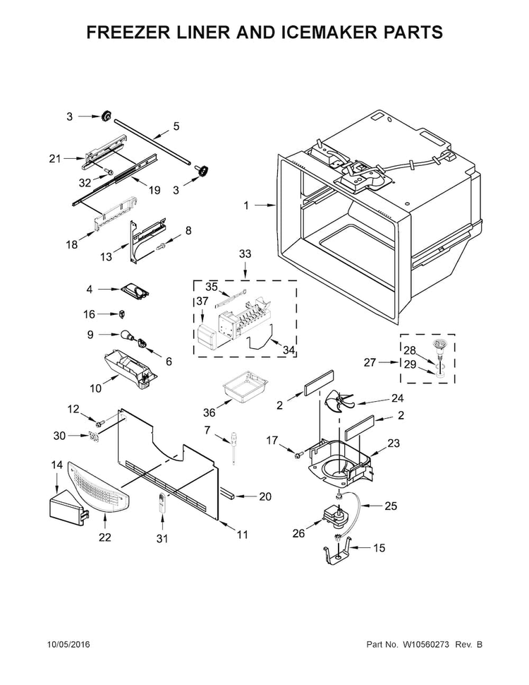 Freezer Liner And Icemaker Parts Diagram and Parts List for KFCS22EVMS8  KitchenAid Refrigerator