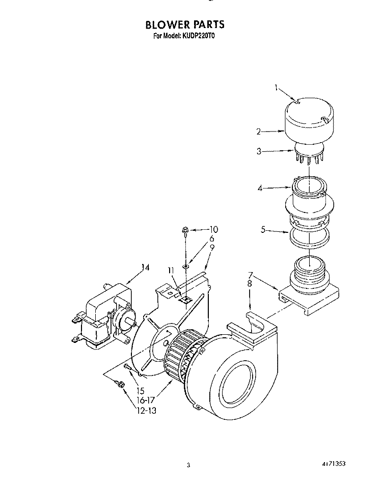 BLOWER Diagram and Parts List for KUDP220T0  KitchenAid Dishwasher
