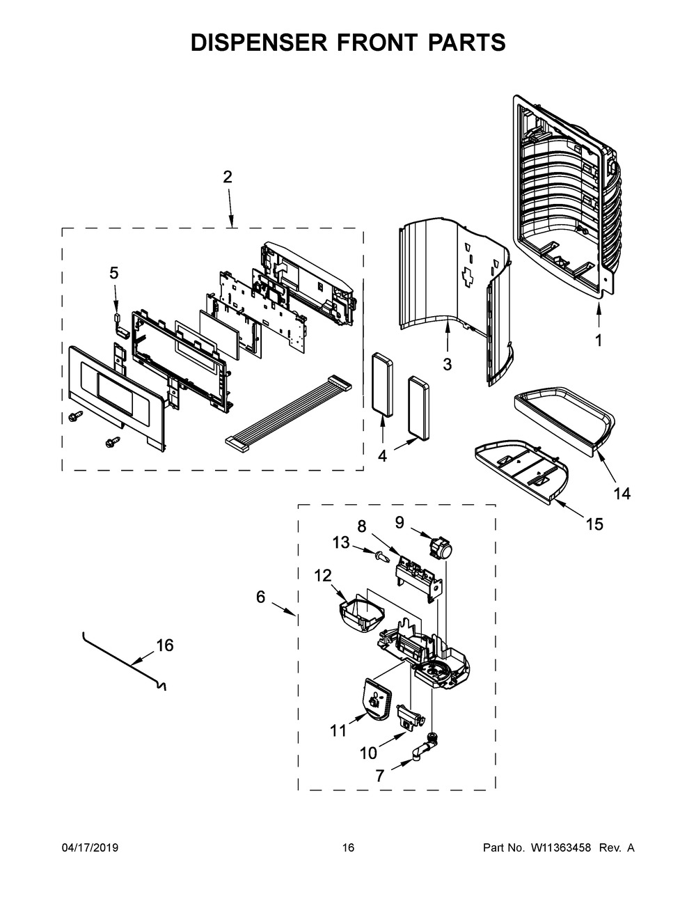 Dispenser Front Parts Diagram and Parts List for WRF555SDHB01  Whirlpool Refrigerator