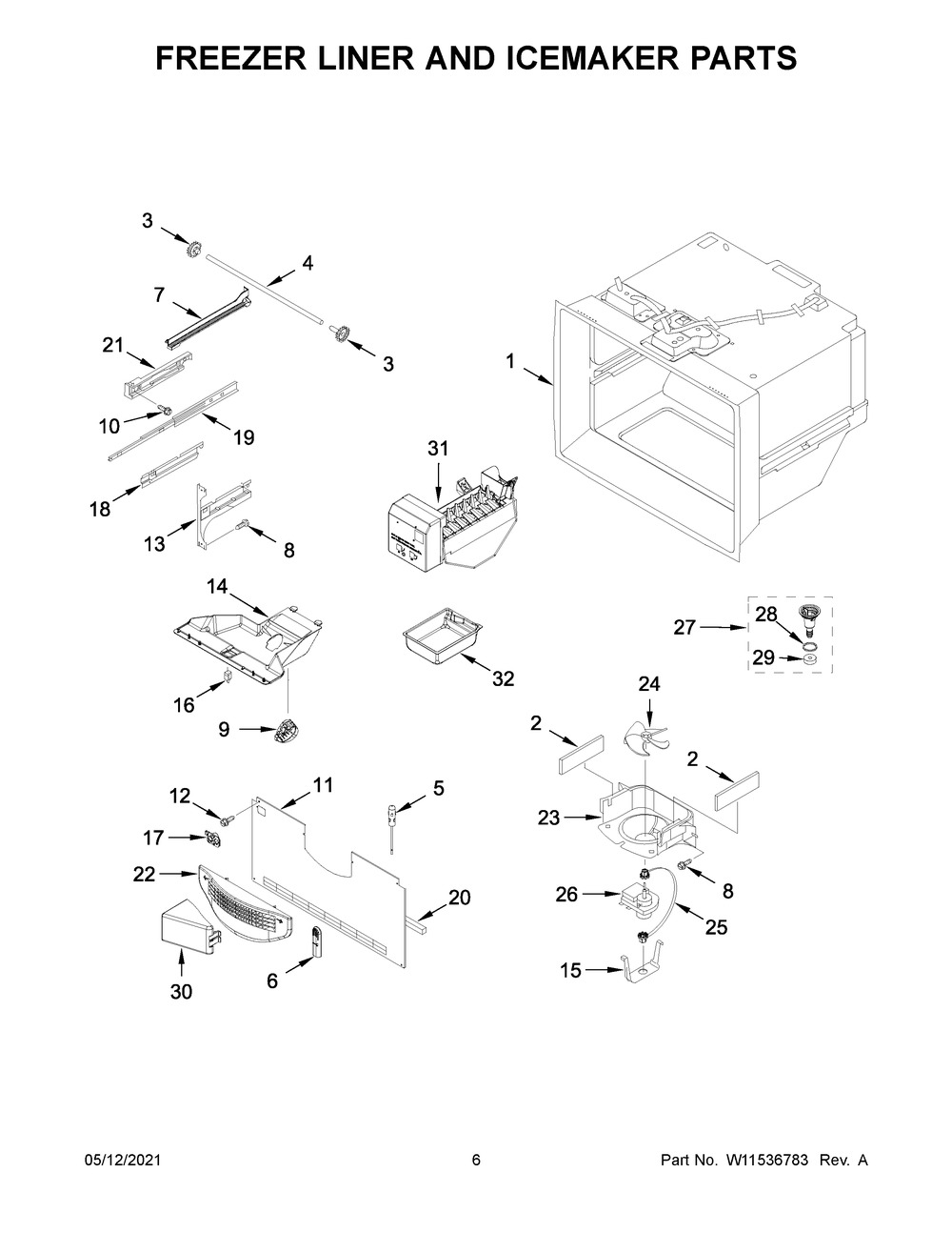 Freezer Liner And Icemaker Parts Diagram and Parts List for MBF2258FEZ06  Whirlpool Refrigerator