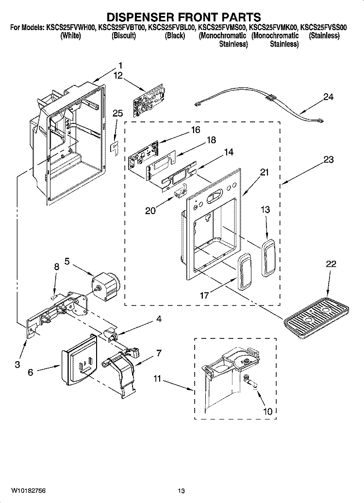 DISPENSER FRONT PARTS Diagram and Parts List for KSCS25FVSS00  KitchenAid Refrigerator