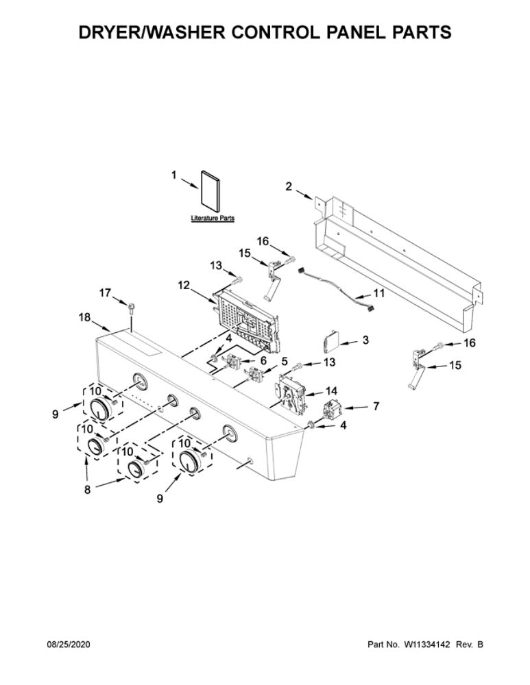 Dryer/Washer Control Panel Parts Diagram and Parts List for WGTLV27HW1  Whirlpool Washer Dryer Combo