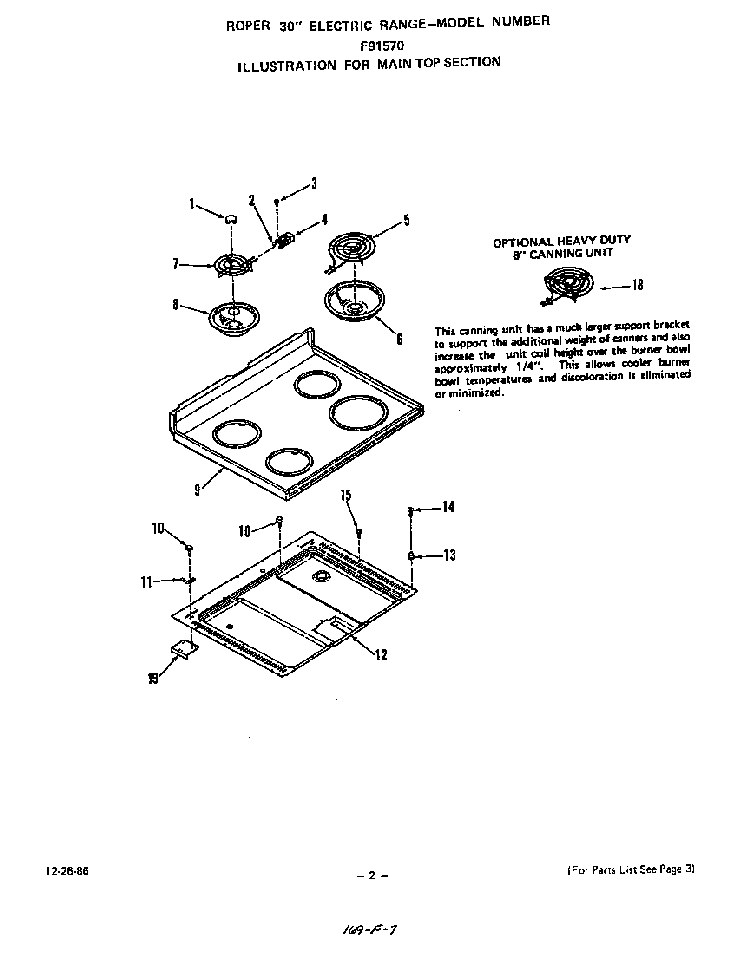 Main Top Diagram and Parts List for F9157*0  Roper Range
