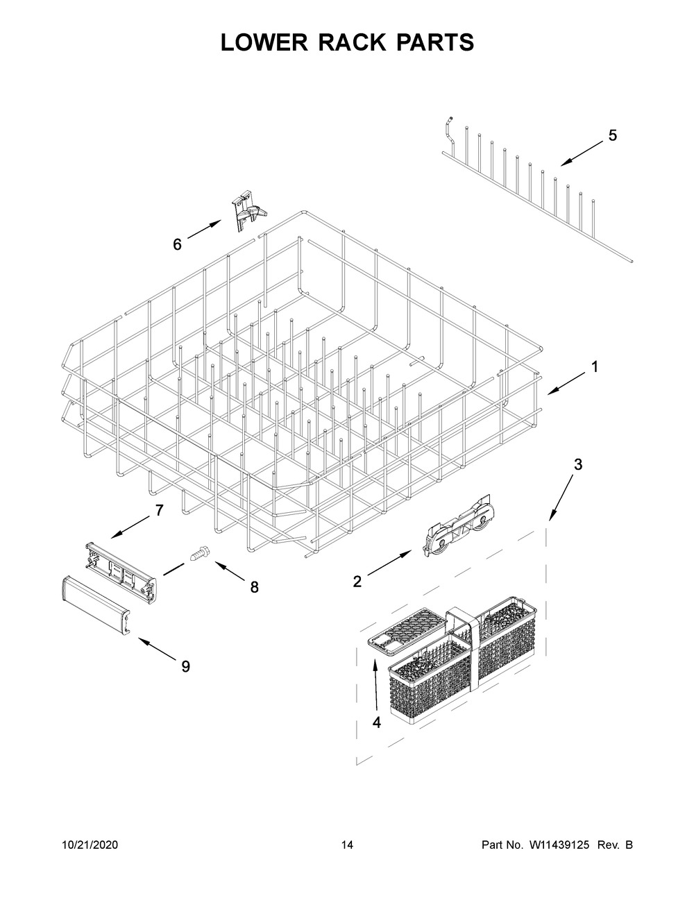 Lower Rack Parts Diagram and Parts List for KDFM404KBS0  Whirlpool Dishwasher
