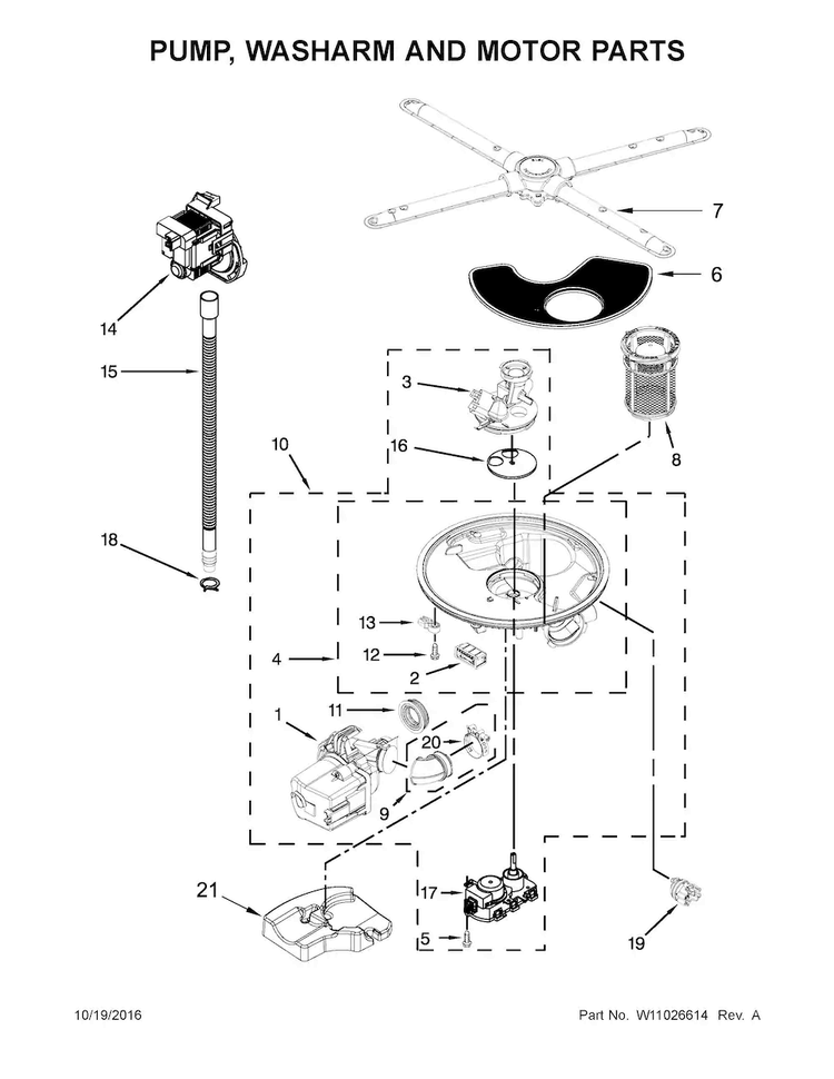 Pump, Washarm And Motor Parts Diagram and Parts List for KDTE104EBS3  KitchenAid Dishwasher