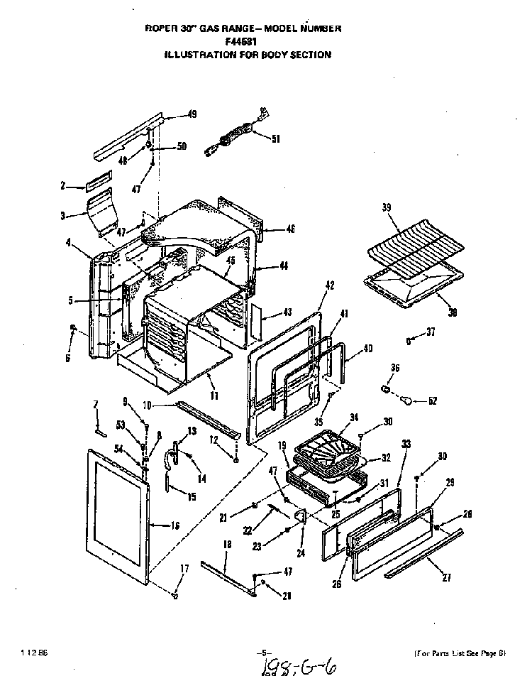 Body Diagram and Parts List for F4458W1  Roper Range