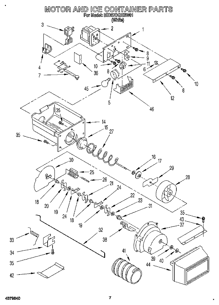 MOTOR AND ICE CONTAINER Diagram and Parts List for 3ED27DQXBW01  Whirlpool Refrigerator
