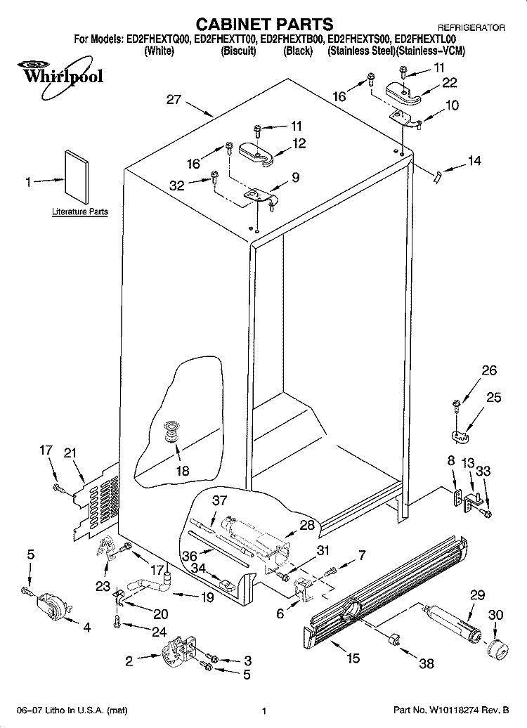 CABINET PARTS Diagram and Parts List for ED2FHEXTB00  Whirlpool Refrigerator