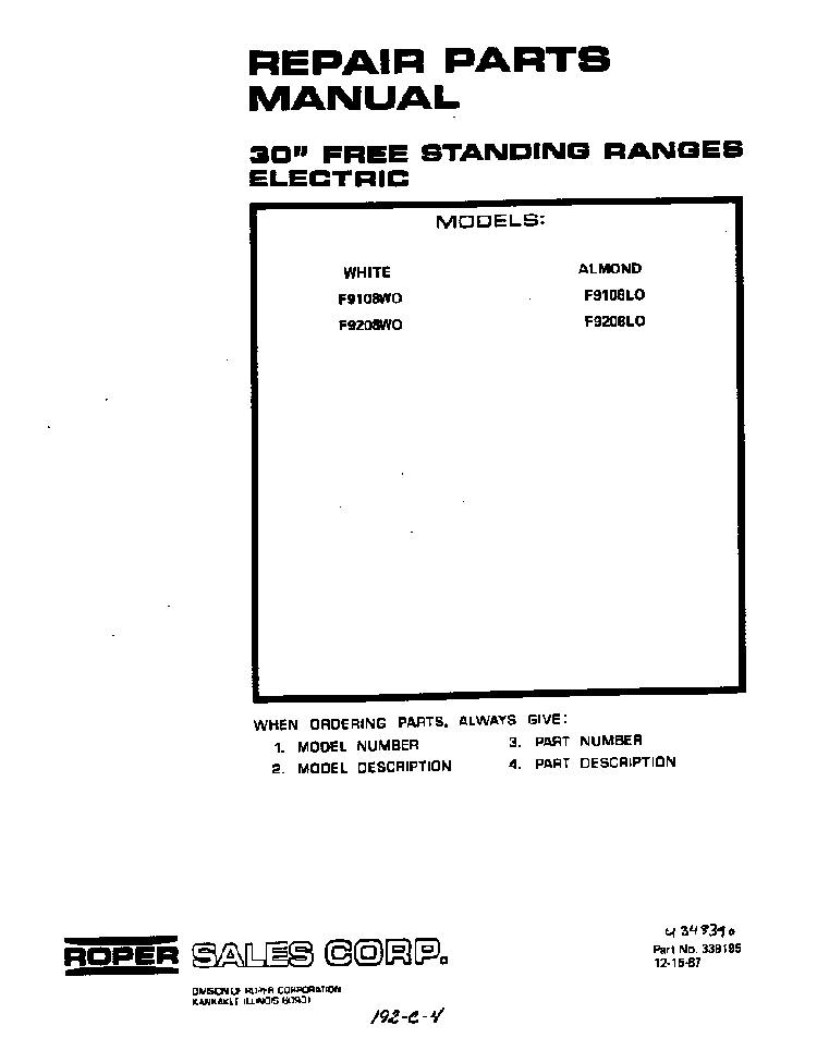 Front Cover Diagram and Parts List for F9208*0  Roper Range