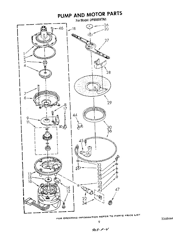 PUMP AND MOTOR Diagram and Parts List for DP8500XTN1  Whirlpool Dishwasher