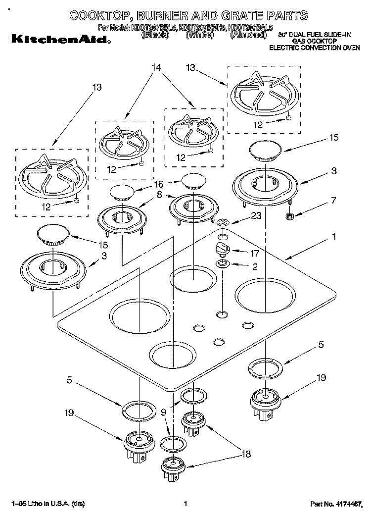 COOKTOP, BURNER AND GRATE Diagram and Parts List for KDDT207BBL5  KitchenAid Range
