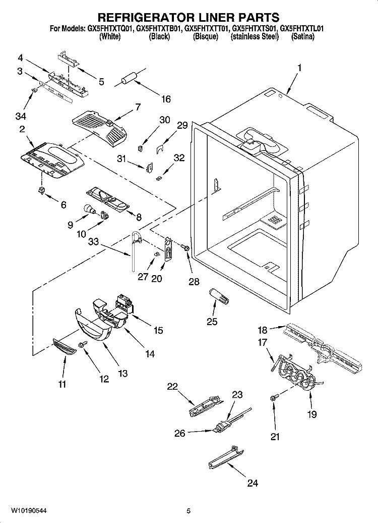 REFRIGERATOR LINER PARTS Diagram and Parts List for GX5FHTXTS01  Whirlpool Refrigerator
