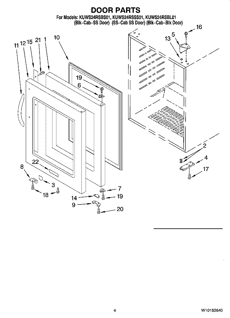 DOOR PARTS Diagram and Parts List for KUWS24RSSS01  KitchenAid Wine and Beverage Cooler