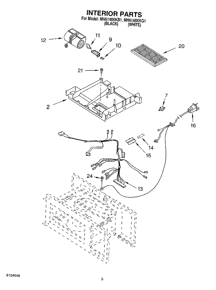 INTERIOR Diagram and Parts List for MH6140XKQ1  Whirlpool Microwave