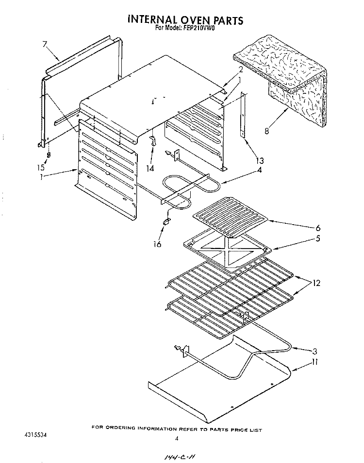INTERNAL OVEN Diagram and Parts List for FEP210VW0  Roper Range
