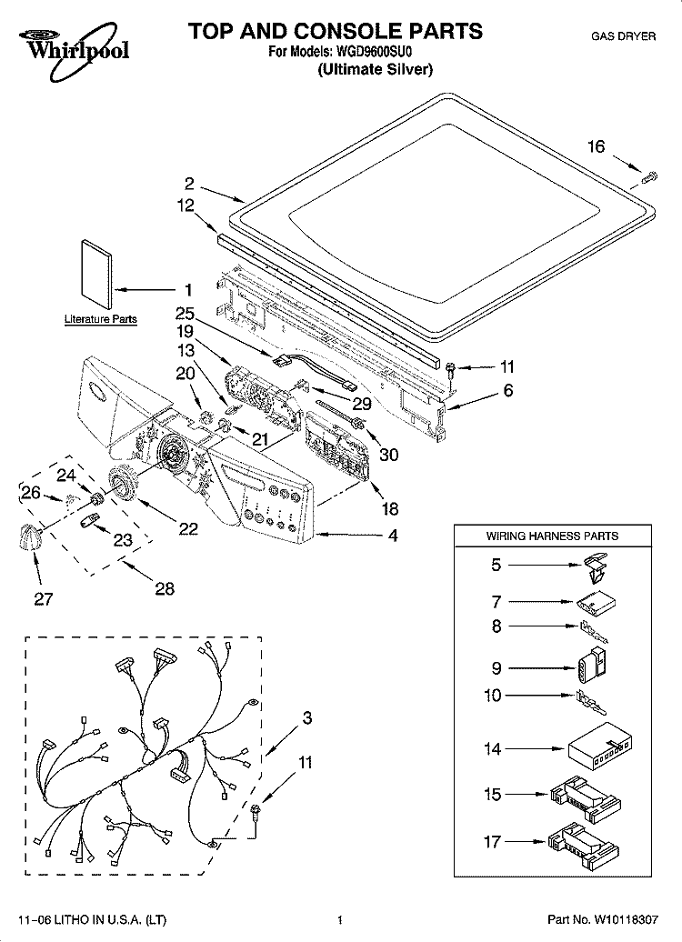 TOP AND CONSOLE PARTS Diagram and Parts List for WGD9600SU0  Whirlpool Dryer
