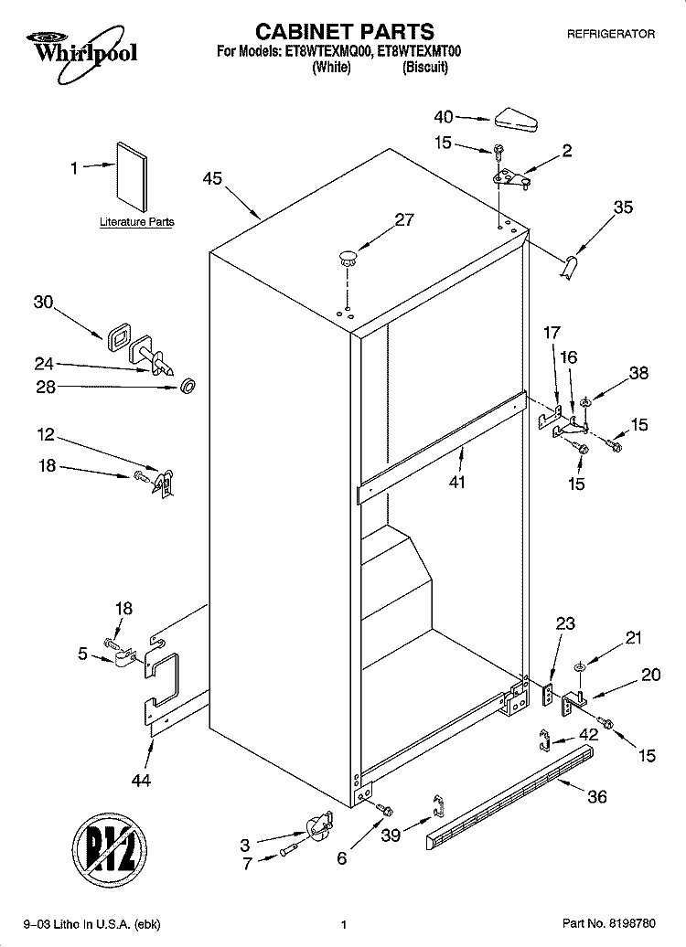 CABINET PARTS Diagram and Parts List for ET8WTEXMT00  Whirlpool Refrigerator
