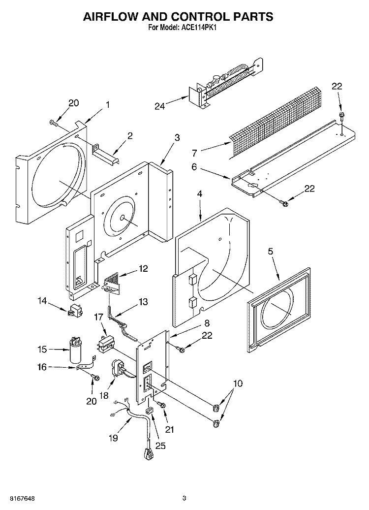 AIRFLOW AND CONTROL PARTS Diagram and Parts List for ACE114PK1  Whirlpool Air Conditioner