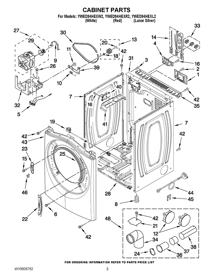 CABINET PARTS Diagram and Parts List for YWED94HEXW2  Whirlpool Dryer