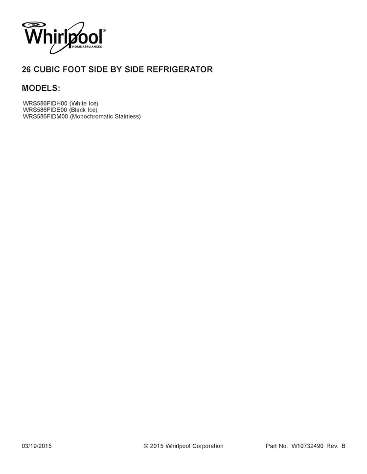 Cover Sheet Diagram and Parts List for WRS586FIDH00  Whirlpool Refrigerator