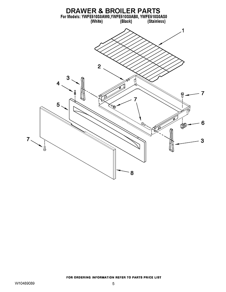 DRAWER & BROILER PARTS Diagram and Parts List for YWFE510S0AW0  Whirlpool Range