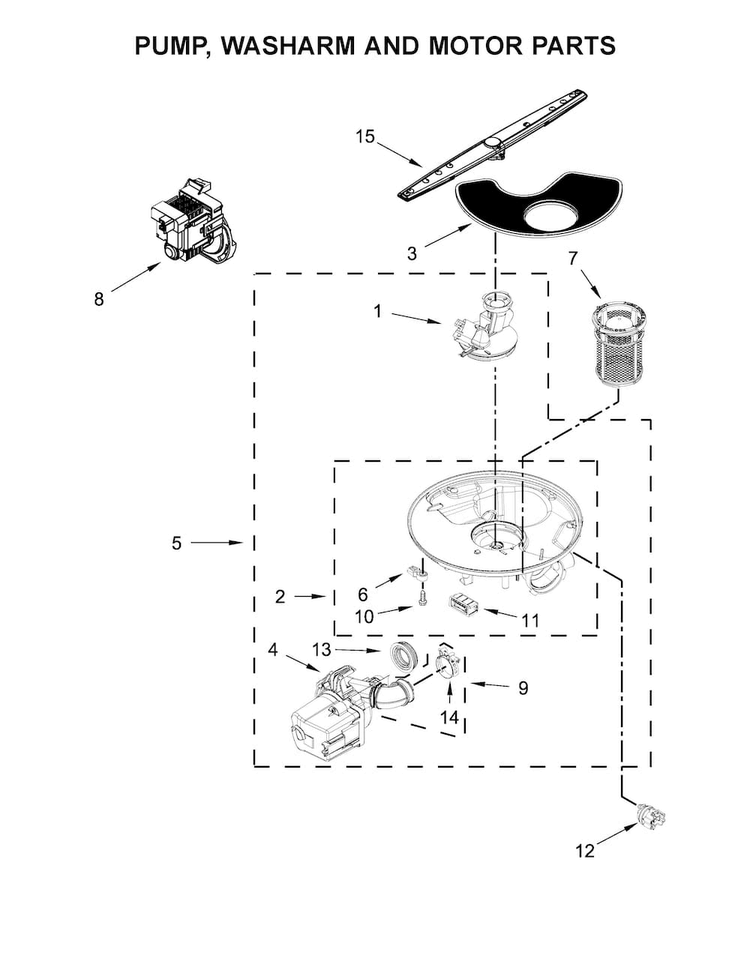 Pump, Washarm And Motor Parts Diagram and Parts List for WDP370PAHB0  Whirlpool Dishwasher