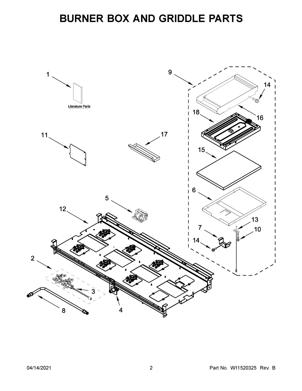Burner Box And Griddle Parts Diagram and Parts List for KFGC558JIB02  Whirlpool Range