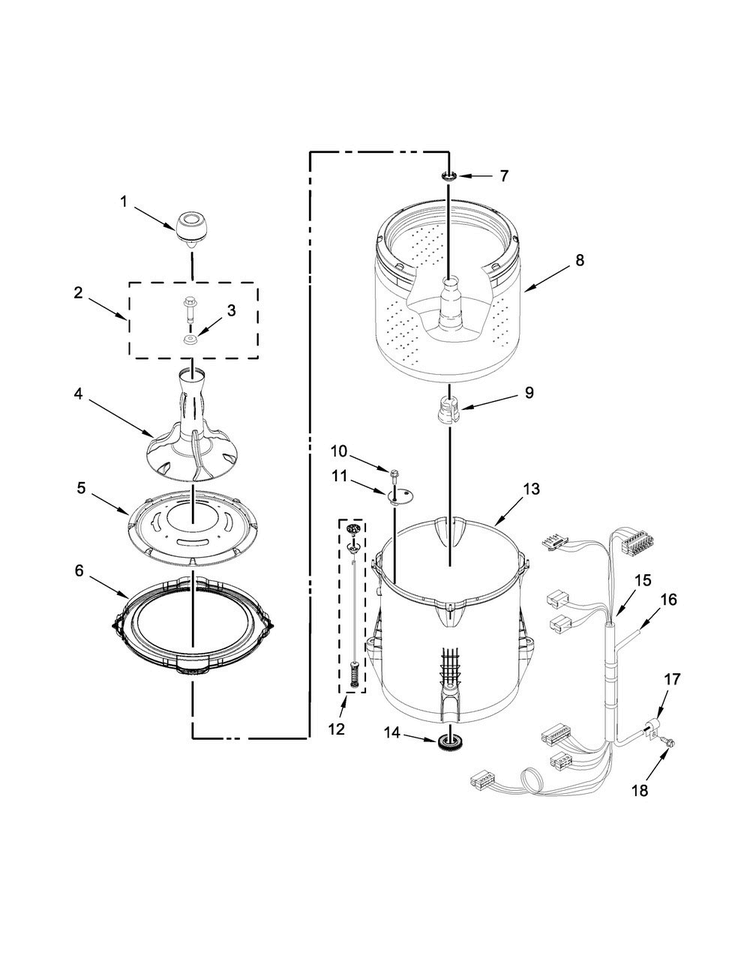 Basket And Tub Parts Diagram and Parts List for 7MWTW1955EW1  Whirlpool Washer