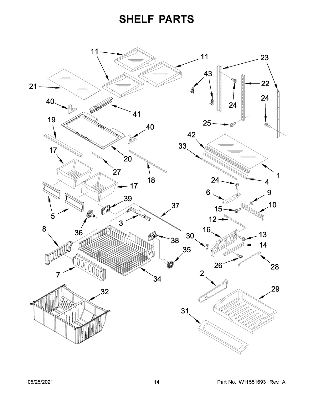 Shelf Parts Diagram and Parts List for WRFA32SMHZ06  Whirlpool Refrigerator