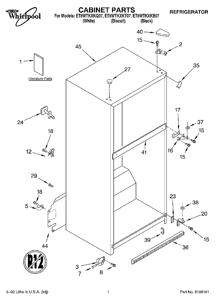 CABINET, LITERATURE Diagram and Parts List for ET8WTKXKQ07  Whirlpool Refrigerator