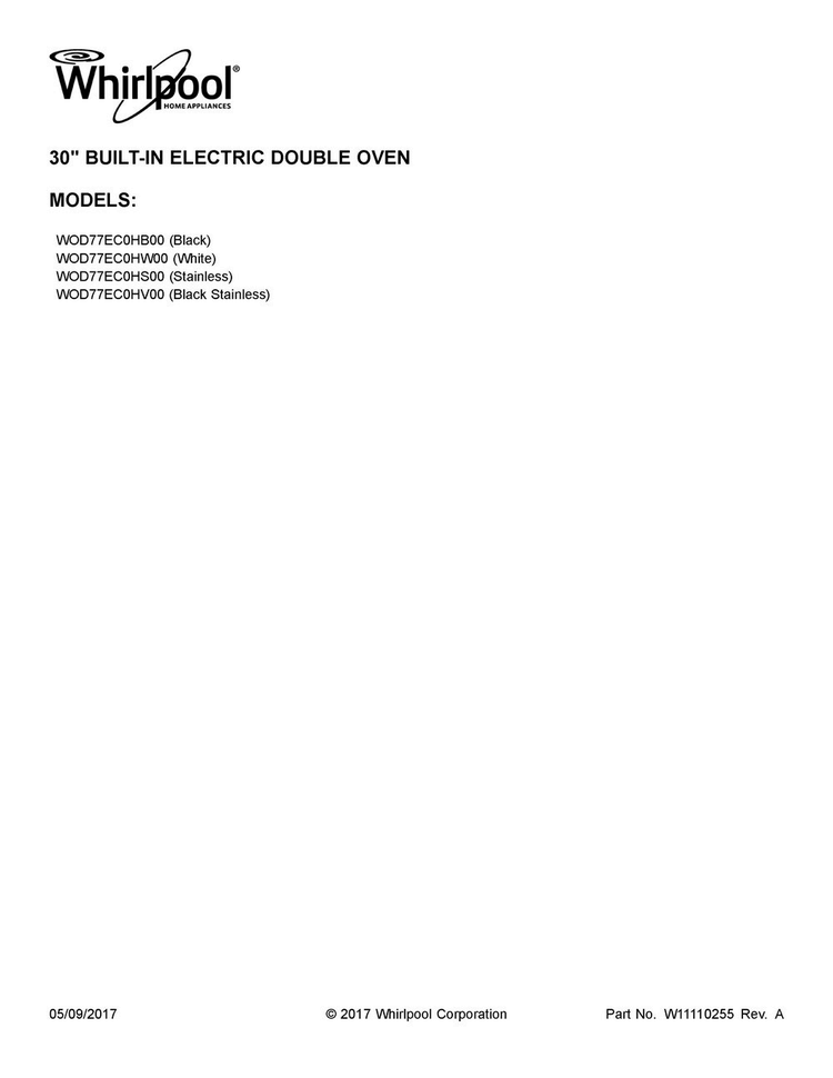 Cover Sheet Diagram and Parts List for WOD77EC0HS00  Whirlpool Wall Oven